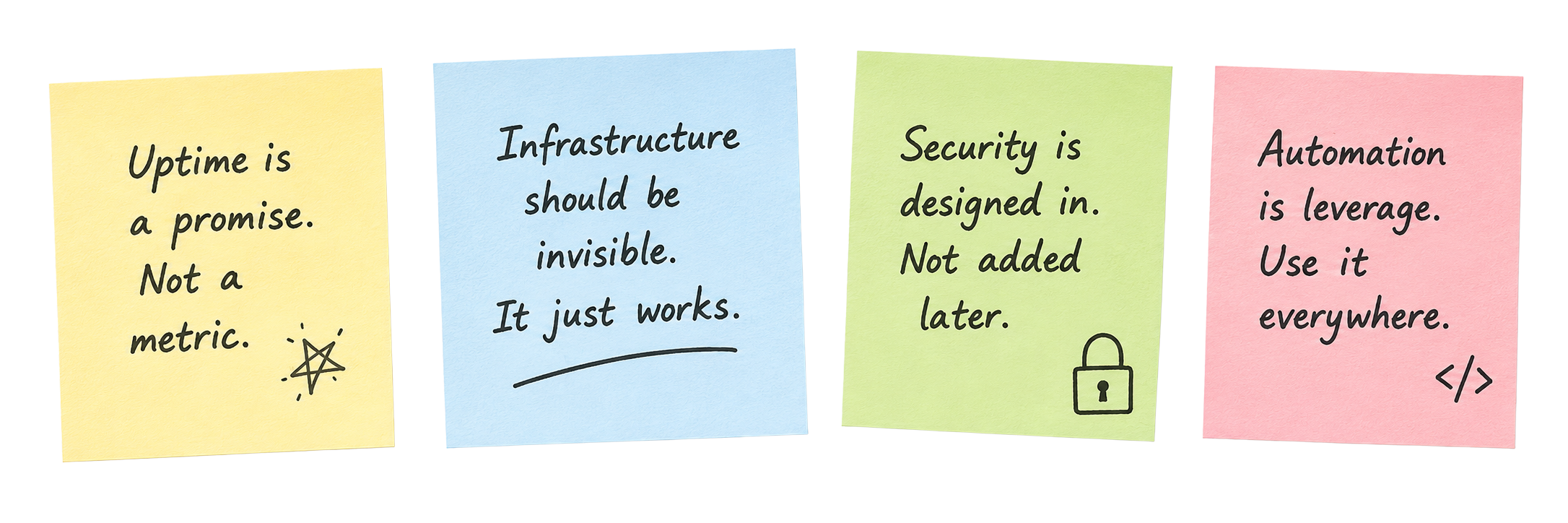 Four founder principle notes: uptime is a promise, infrastructure should be invisible, security is designed in, and automation is leverage.